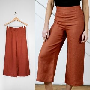 Only Child Clove Pants - rust linen wide leg high waist elastic crop capris